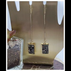 Black Crystals On Gold Threaded Drop Earrings